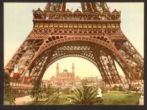 View of Trocadero through the Eiffel Tower at the Paris Exposition of 1900