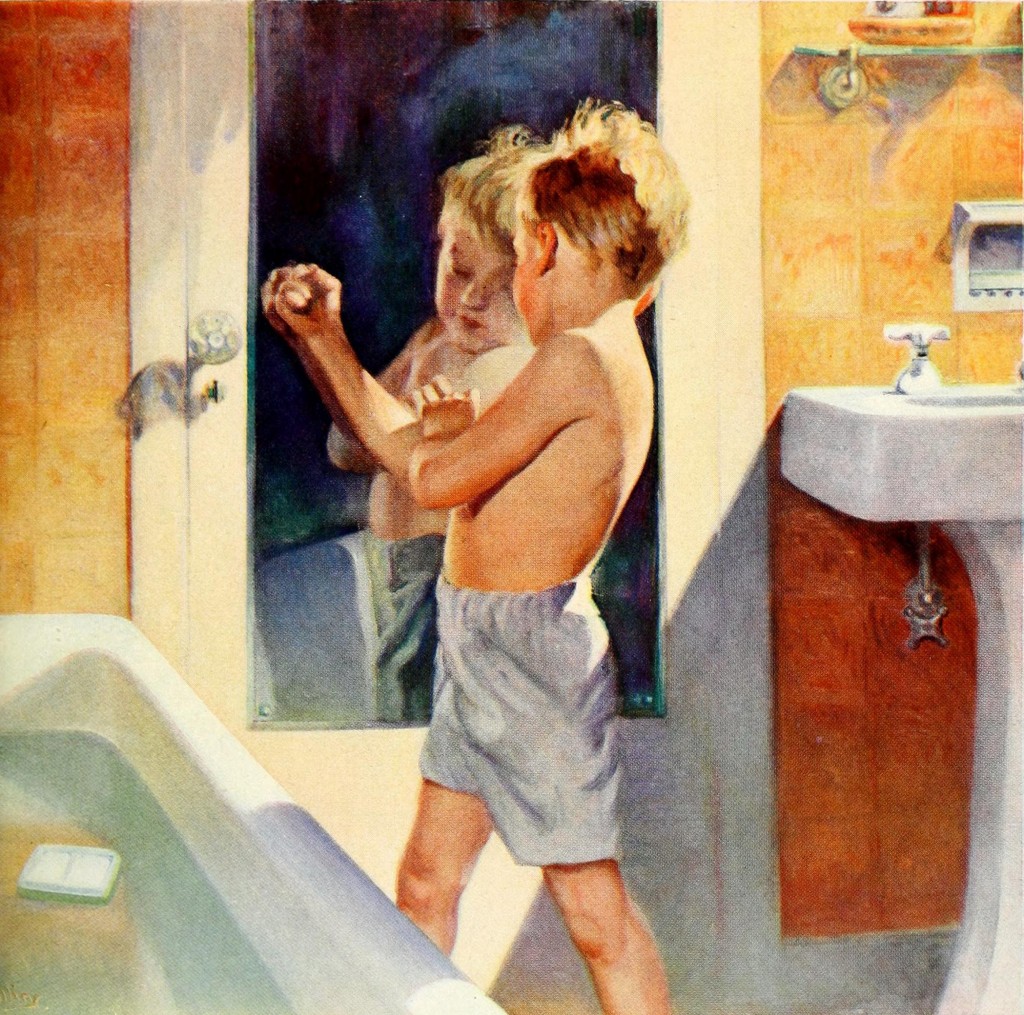 Kohler Co Bathroom Ad by R. H. Collins circa 1927 Boy Flexing his Muscles in a Mirror