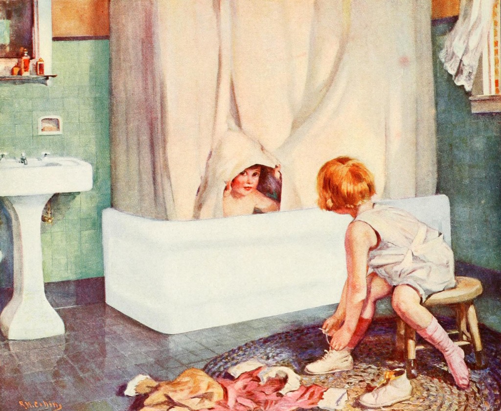 Kohler Co Bathroom Ad by R. H. Collins circa 1927 Child Hiding in a Bath