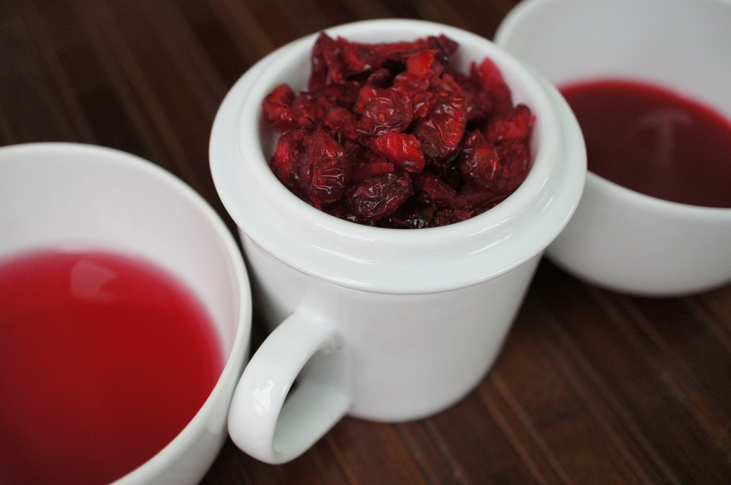 Dried Cranberries, Unsweetened Cranberry Juice (right), Sweetened Cranberry Juice (left)