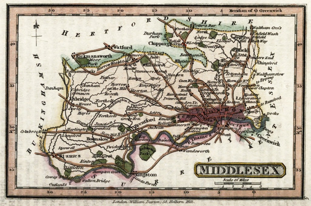 Map of Middlesex London England circa 1820 by William Darton Publishing