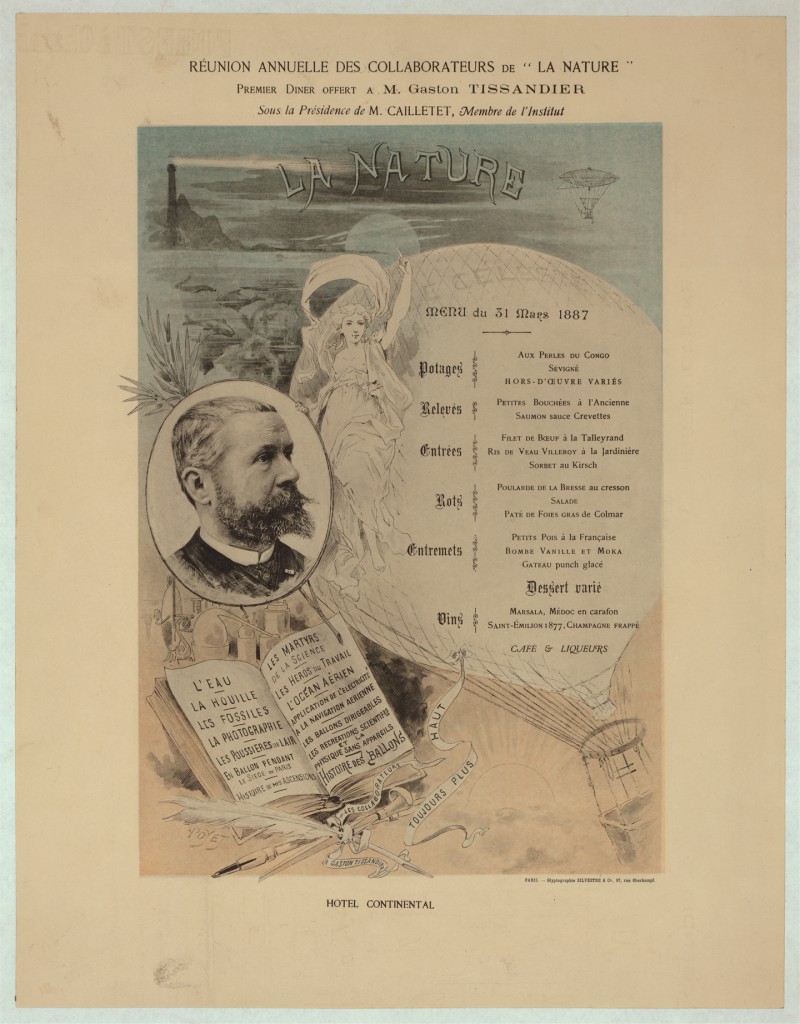 Menu for the Annual Reunion of the Contributors to La Nature Gaston Tissandier dated 1887