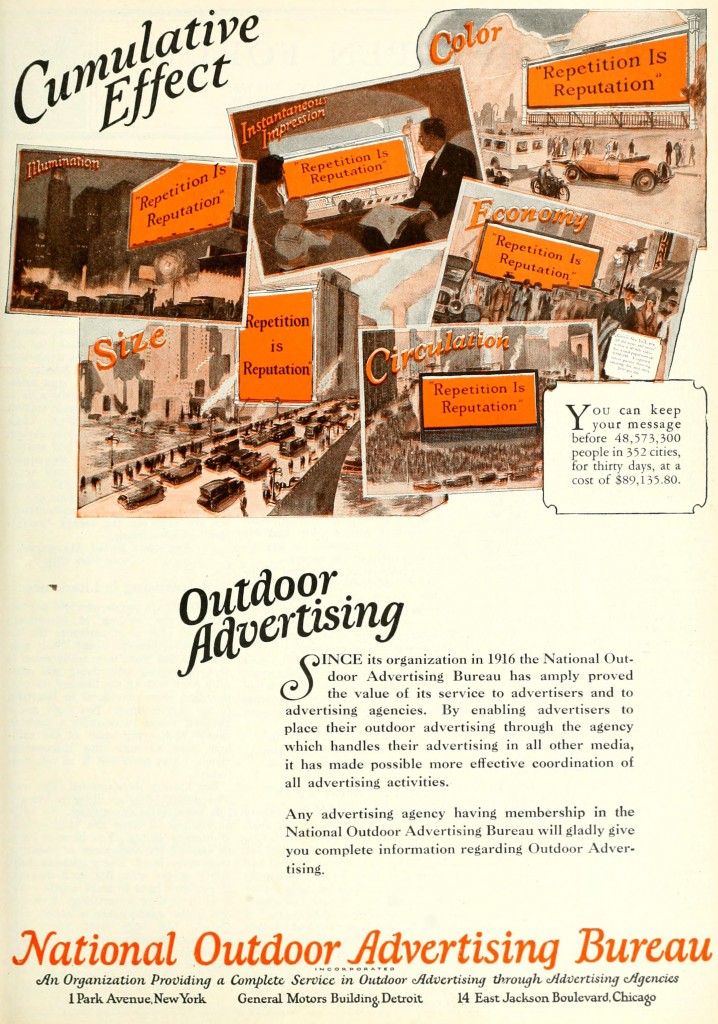 National Outdoor Advertising Bureau 1926 Ad Cumulative Effect Repetition is Reputation