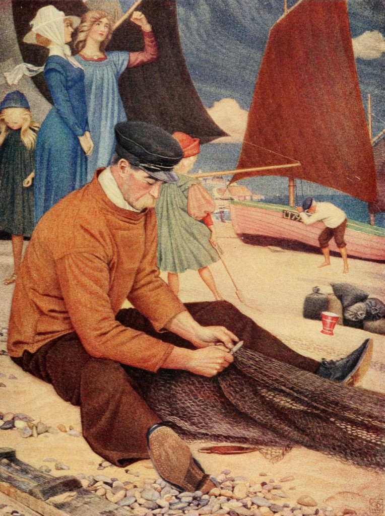 The Beach - Scene of a Fisherman, Net and People on a Beach by Joseph E. Southall Circa 1910