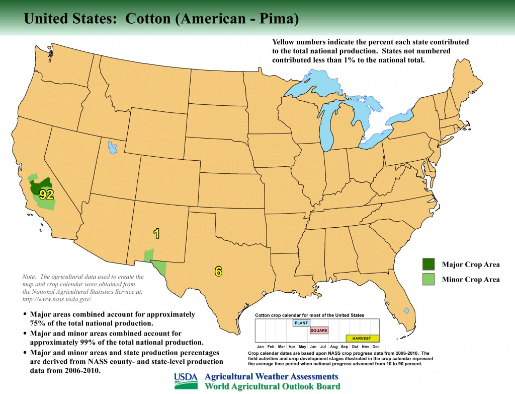 Map: United States Top Pima Cotton Producing Areas and Growing Season