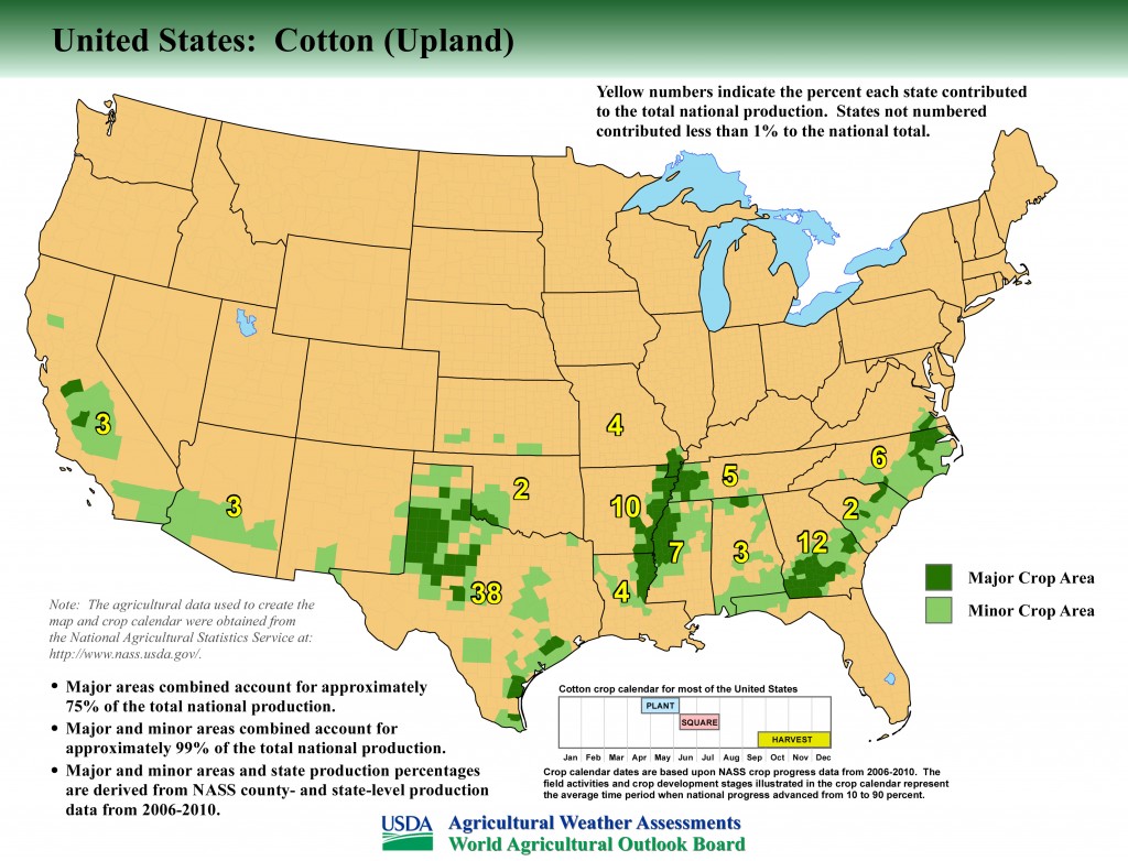 Map: United States Top Upland Cotton Producing Areas and Growing Season
