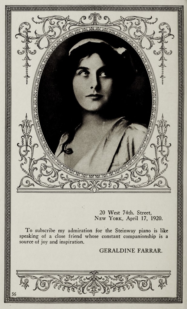 Geraldine Farrar Steinway Piano Testimonial 1920