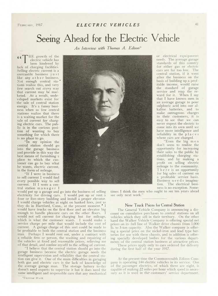 Seeing Ahead for the Electric Vehicle by Thomas A Edison from Electric Vehicles, Feb 1917 Issue