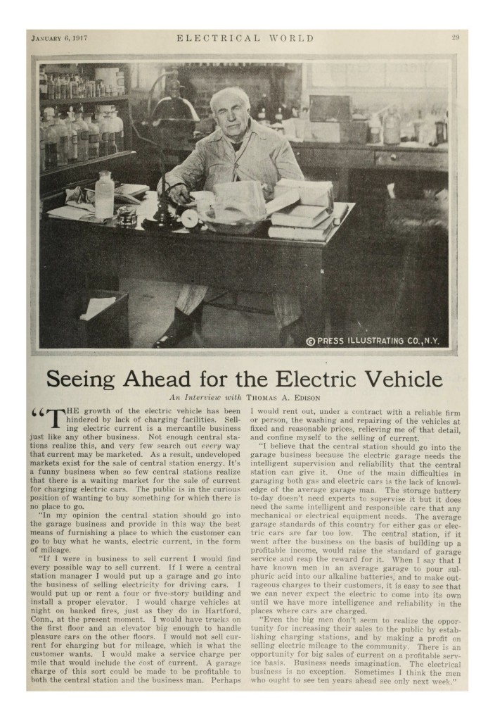 Seeing Ahead for the Electric Vehicle by Thomas A Edison from Electrical World, Jan 6, 1917 Issue