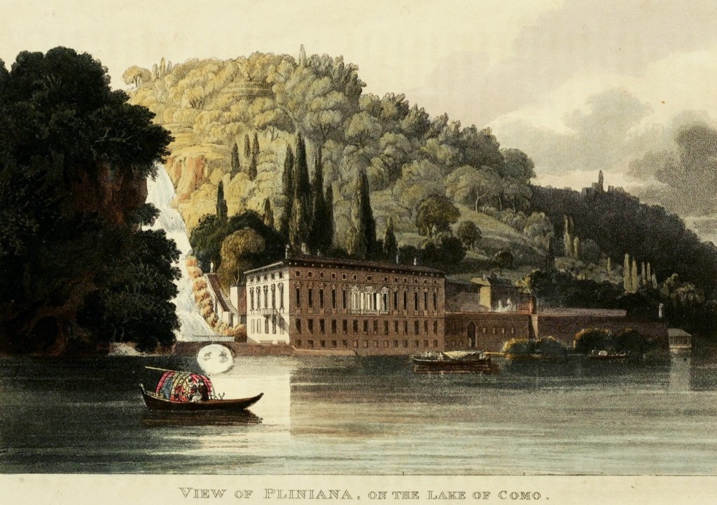 Old Illustration of Lake Como Italy - View of Pliniana from Ackermann's Repository 1820