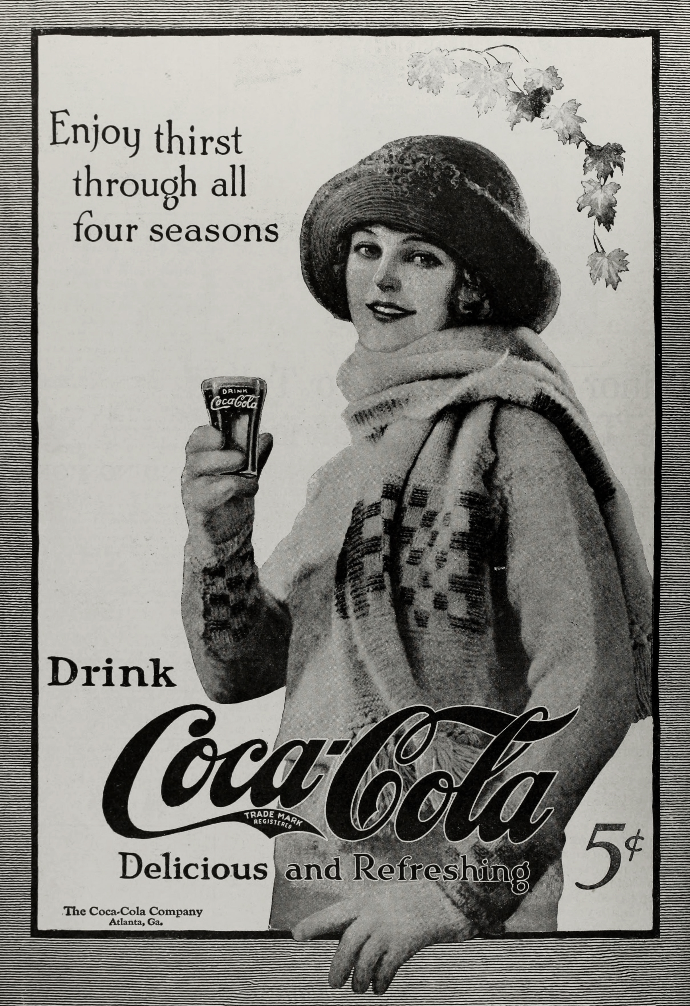 Coca-Cola Ad circa 1923 - Scene of a Woman Outdoor in Winter Holding a Coke