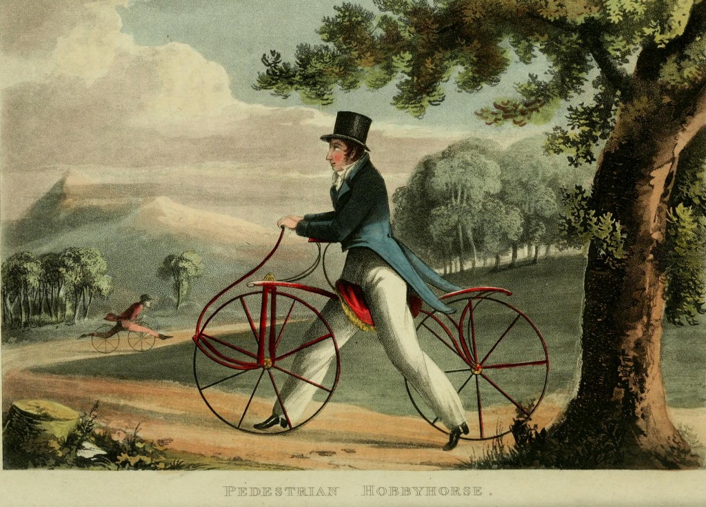 Early Model of a Bicycle aka Hobbyhorse - No Peddles Needed from Ackermann's Repository 1819