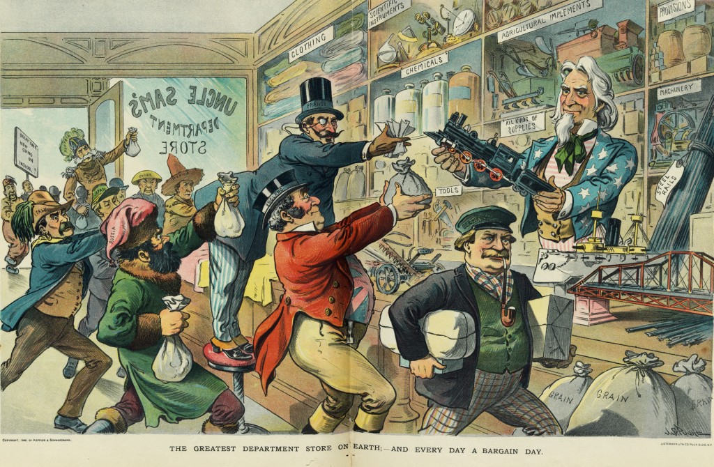 Illustration - Comic of US and World Trade circa 1899 - Uncle Sam's Shop