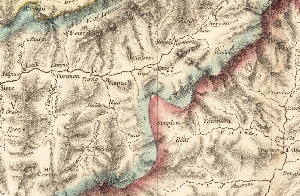 1818 Map of Switzerland - Brig, Naters and Mount Simplon