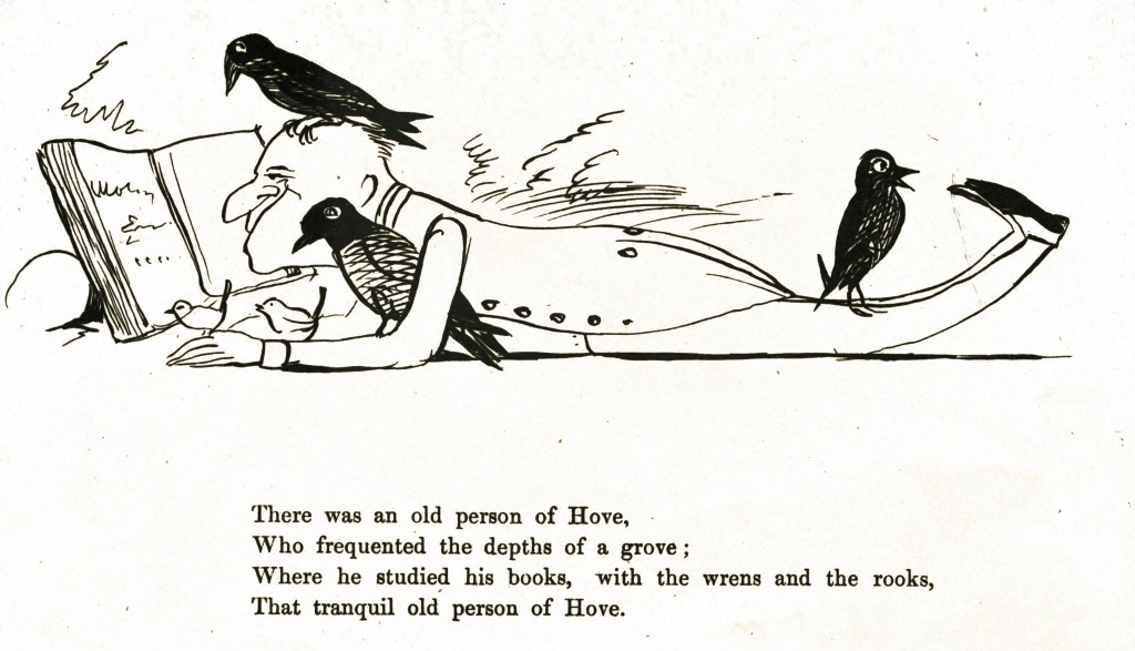 Man Reading with Birds - Edward Lear Botanical Humor from More Nonsense circa 1872