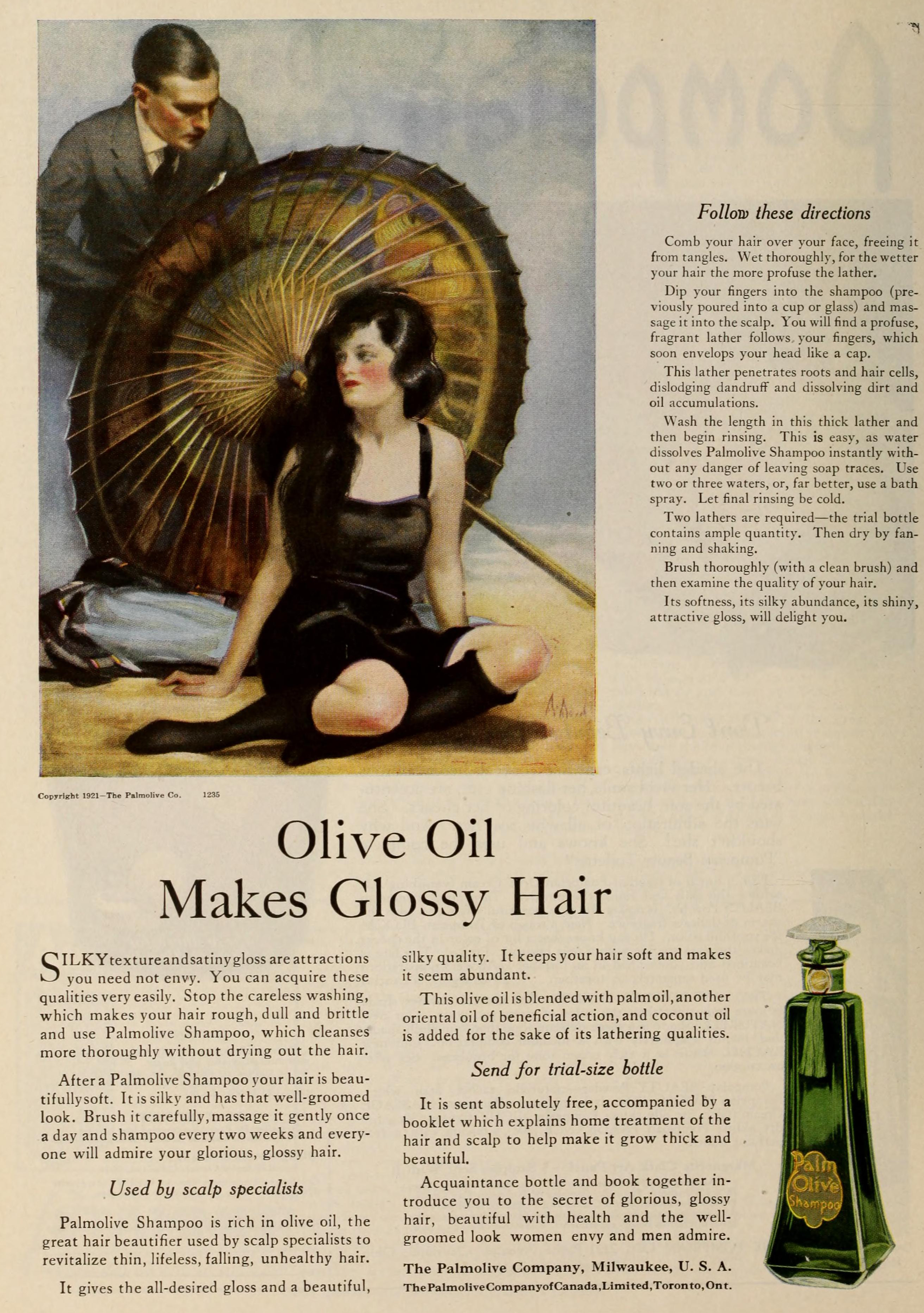 Palmolive Shampoo Ad Circa 1921 Olive Oil Makes Glossy Hair