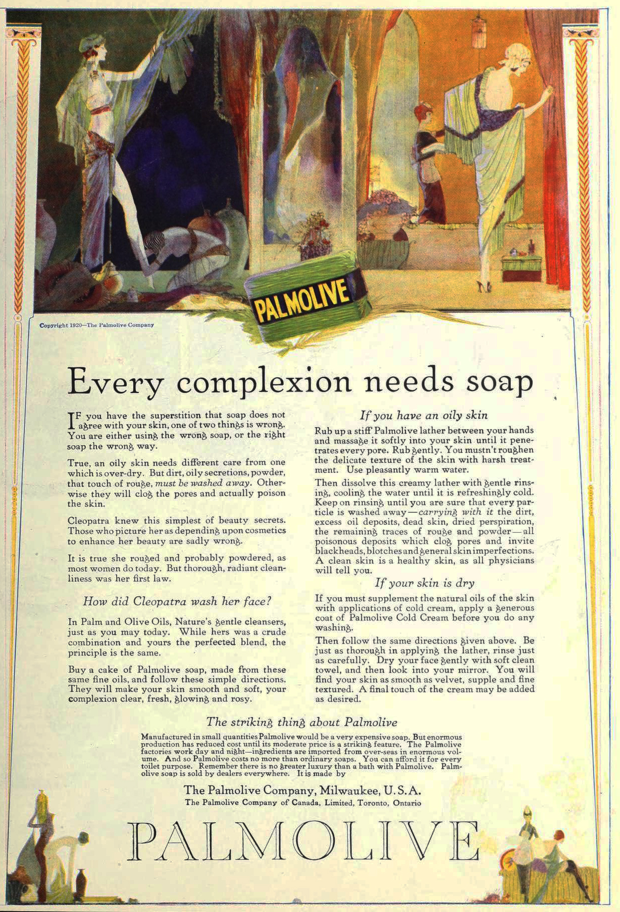 Palmolive Soap Ad Circa 1921 Every Complexion Needs Soap