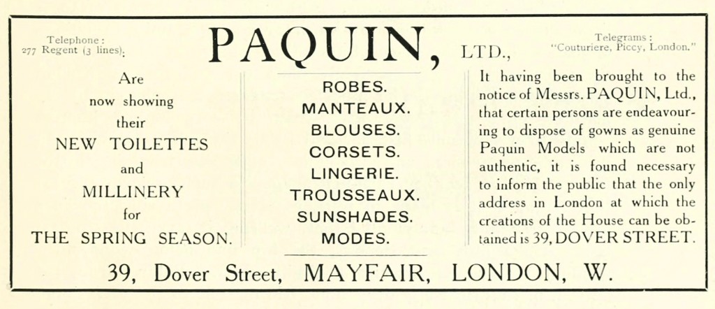Paquin Advertisement in the English Review May 1915 Edition