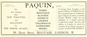 Paquin Advertisement in the English Review May 1915 Edition