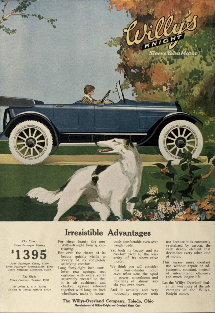 Driving with Dog in Foreground Scene - Willys Knight Car Advertisement 1917