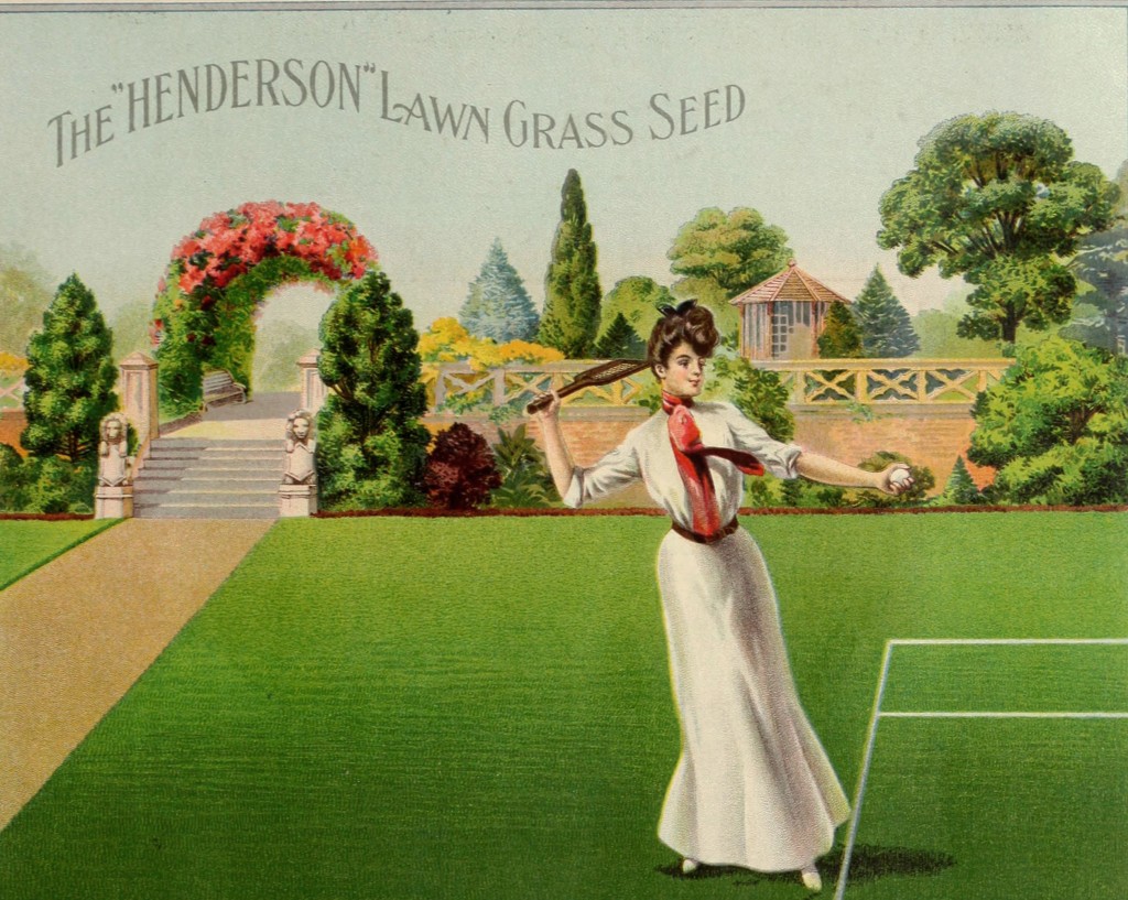 Illustration of a Woman Playing Tennis on a Lawn circa 1905 - Peter Henderson Co.