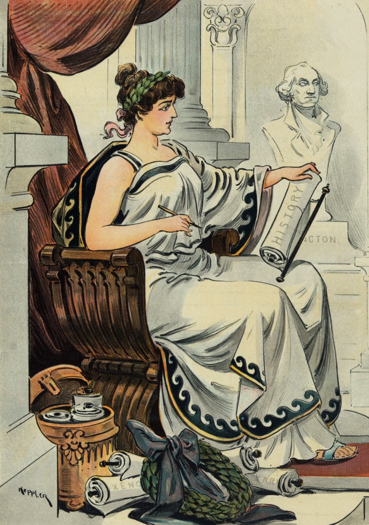 Illustration of a Woman Seated with a History Scroll circa 1899