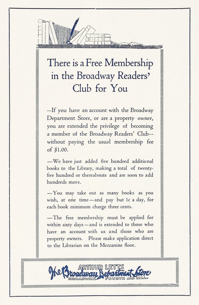 Broadway Department Store Reading Club Advertisement circa 1917