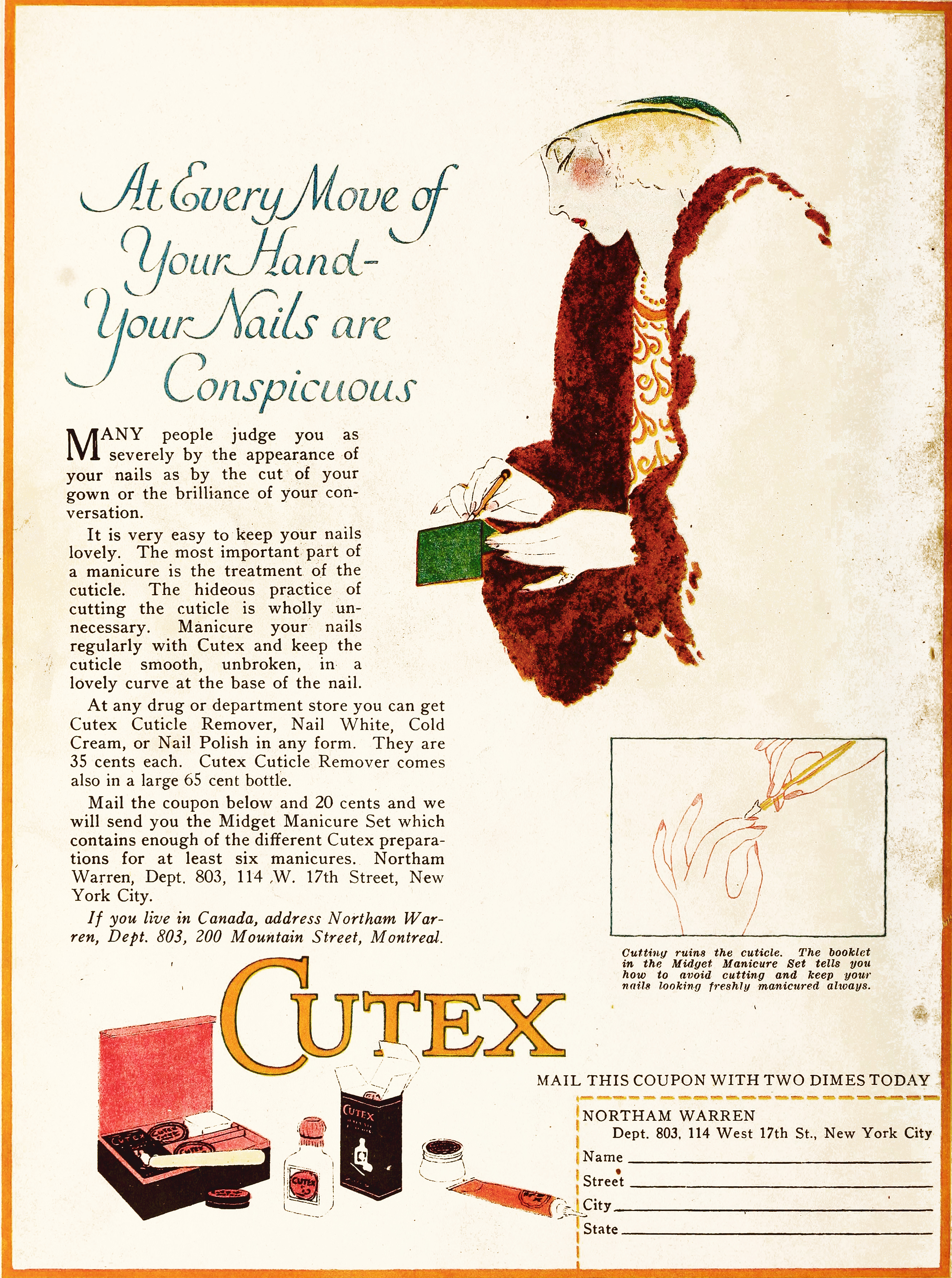 Cutex Nail Polish Advertisement circa 1921 -