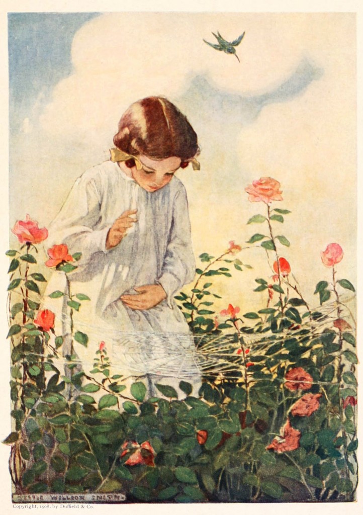A Girl Observing A Spider Web Among Rose Bushes Illustration By Jessie Willcox Smith