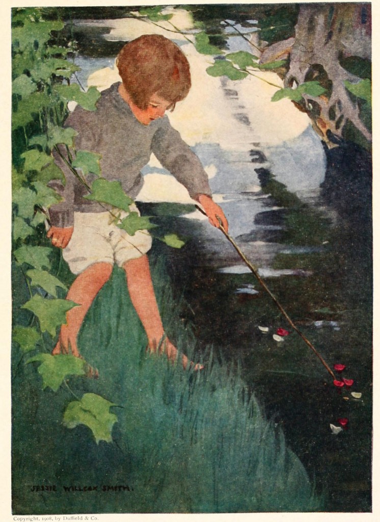 Girl Playing With Flower Petals Along The Water Bank Illustration By Jessie Willcox Smith