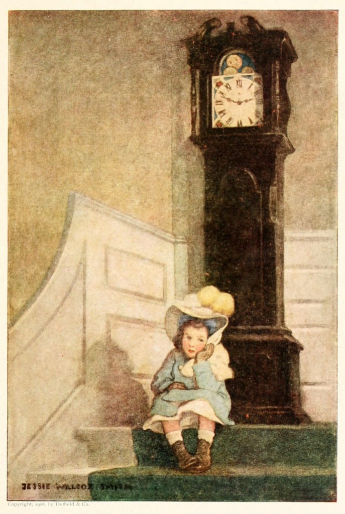 Girl Waiting On The Stairs By A Clock Illustration By Jessie Willcox Smith