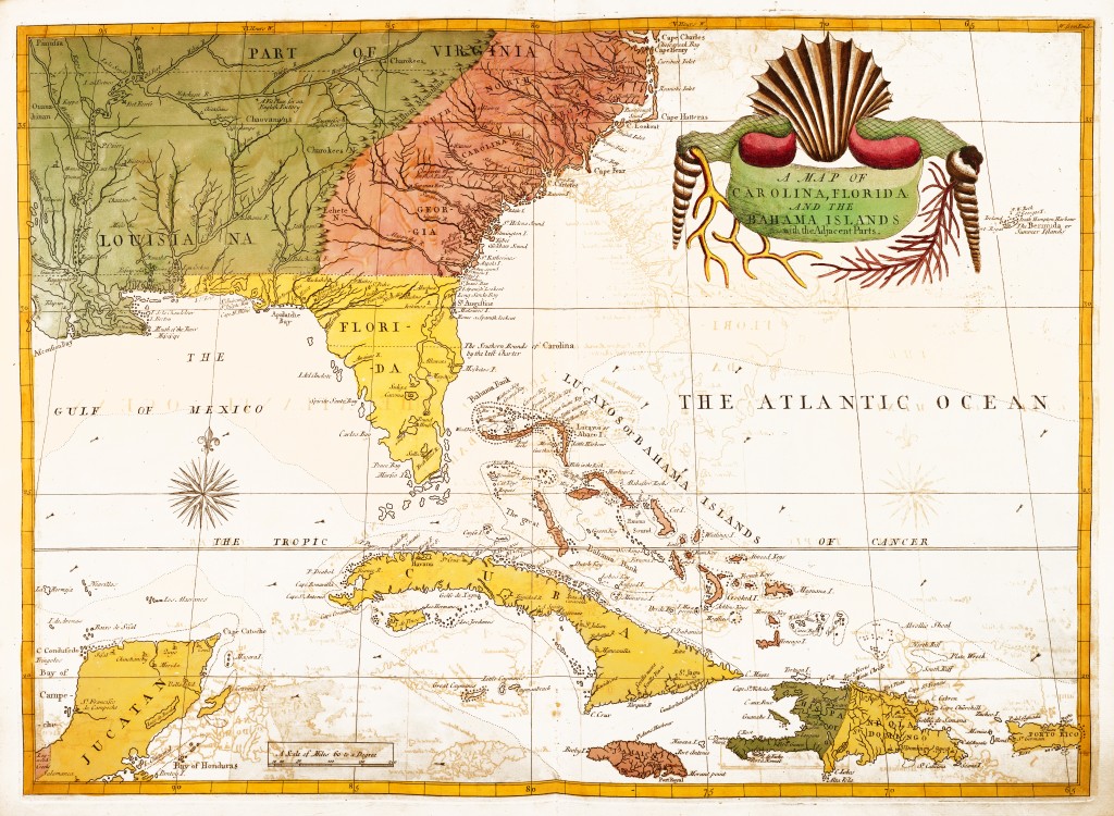 Map of Carolina, Florida and the Bahama Islands circa 1722