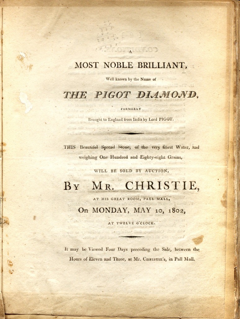 Pigot Diamond Auction - Christie's London  Announcement May 10, 1802 