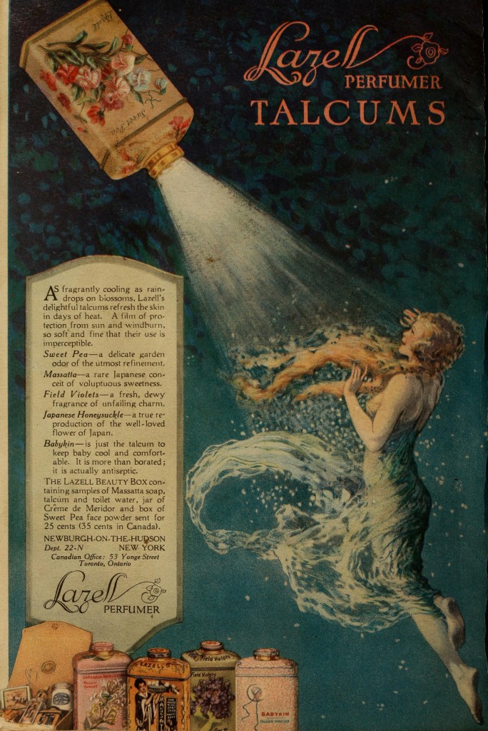 Woman Getting Sprinkled with Talcum Powder from the Sky  Talcum Powder Advertisement by Lazell circa 1917
