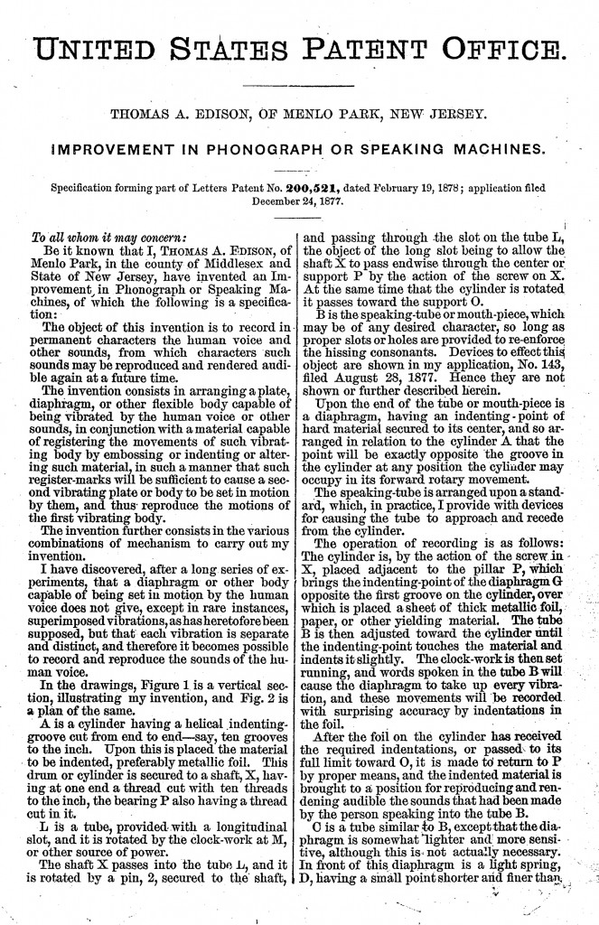 Thomas Edison Phonograph Patent 200.521 dated Feb 19 1878