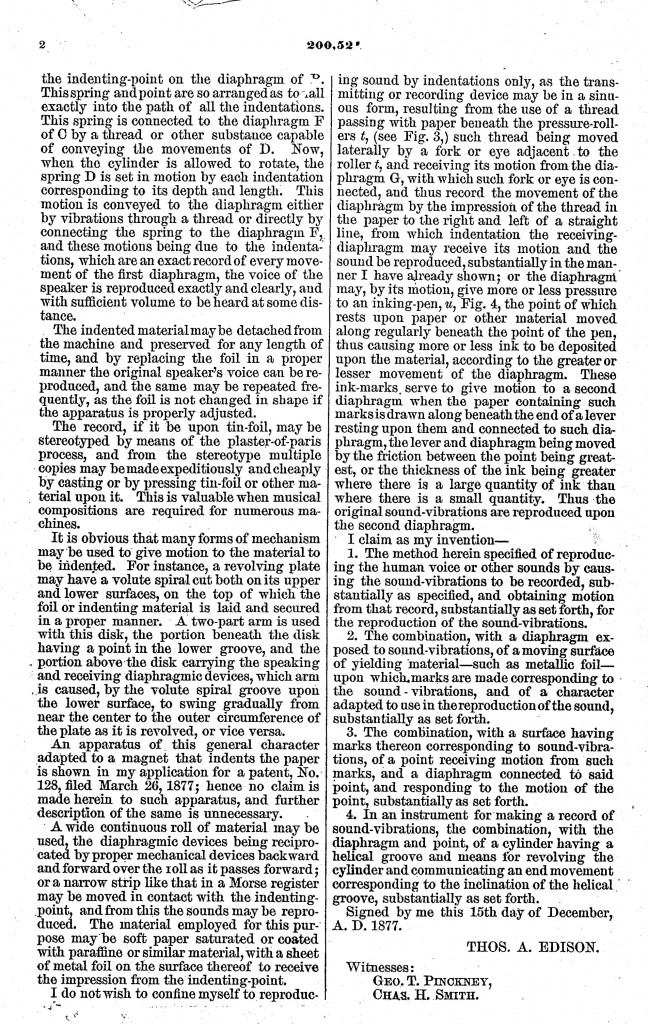 Thomas Edison Phonograph Patent 200.521 dated Feb 19 1878