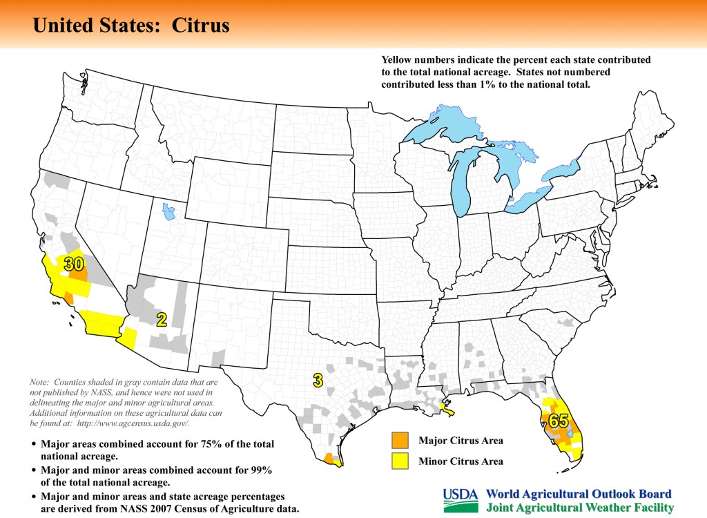 Map: United States Top Citrus Producing Areas and Growing Season