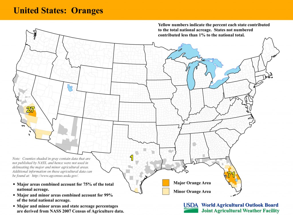 Map: United States Top Orange Producing Areas and Growing Season