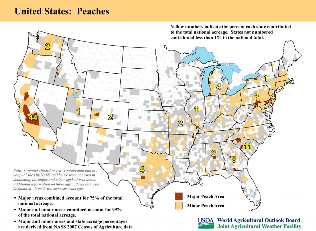 Map: United States Top Peach Producing Areas and Growing Season