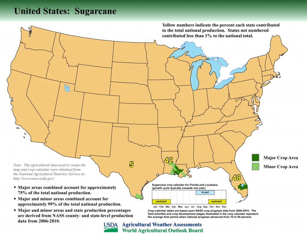 Map: United States Top Sugarcane Producing Areas and Growing Season