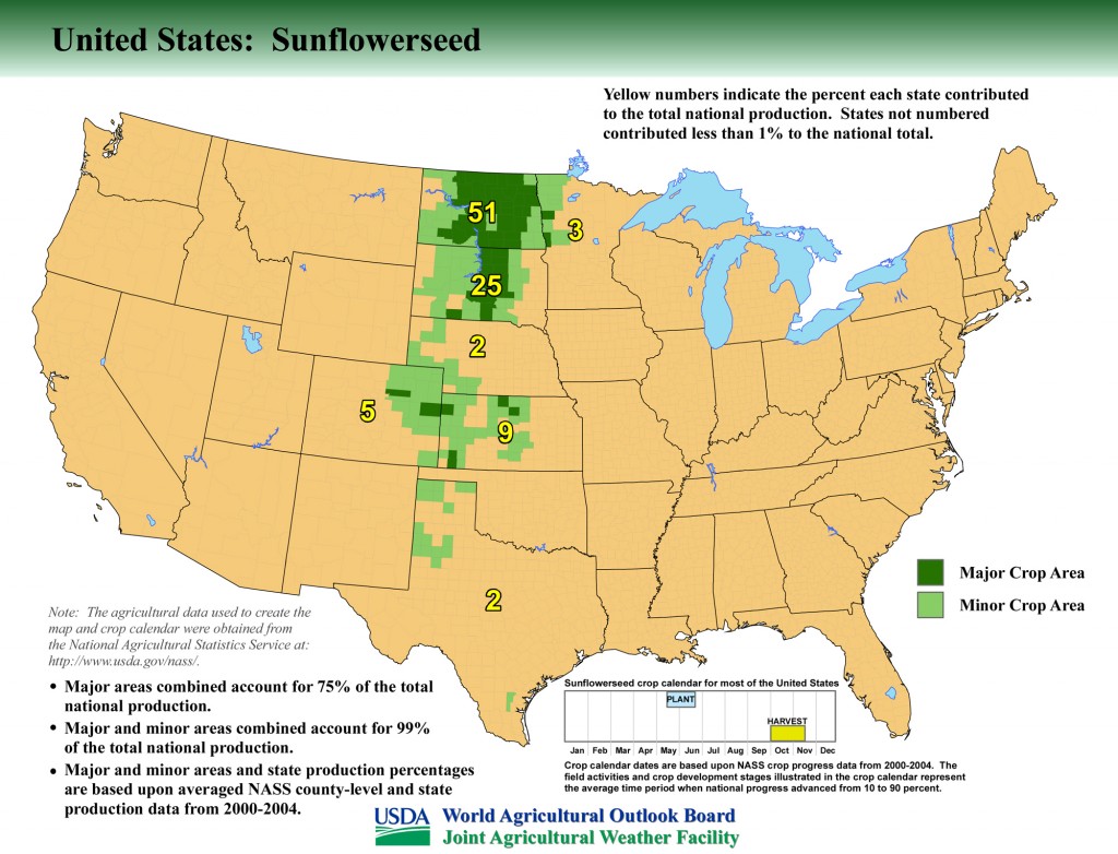 Map: United States Top Sunflower Seed Producing Areas and Growing Season