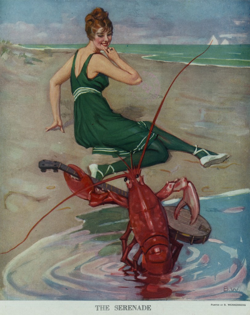 Beach Bathing Beauty Being Serenaded By A Lobster Illustration Circa 1914