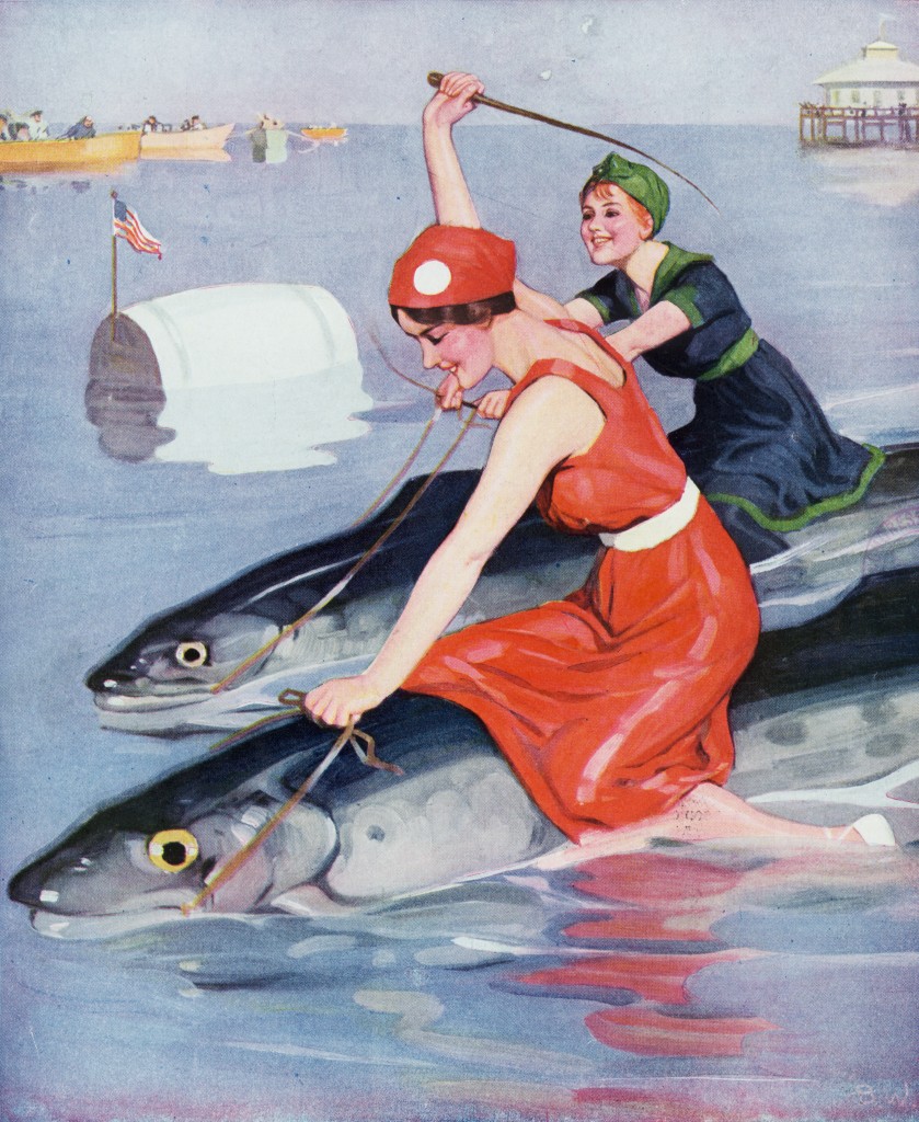 Two Women Racing On Fish - Puck Illustration By Brynolf Wennerberg Circa 1914