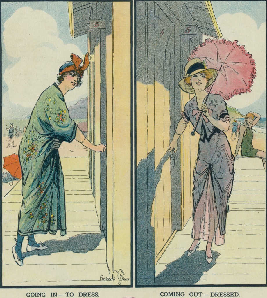Woman Getting Changed At The Beach - Puck Magazine Illustration By Gordon Grant Circa 1913
