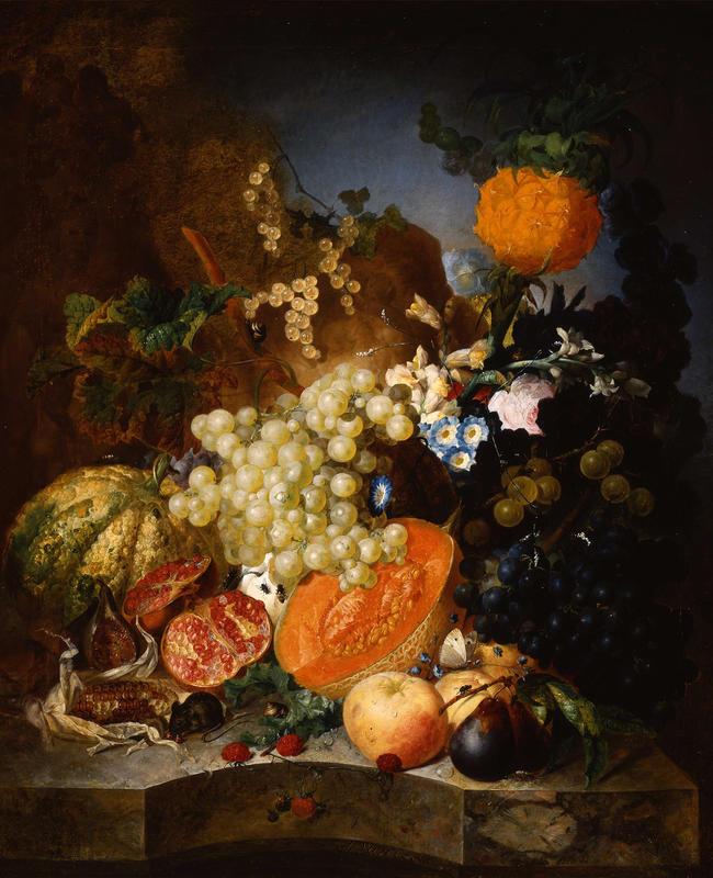 Jan van Os Oil Still Life Painting with Fruit Insects and a Ratdated 1769 Image 0